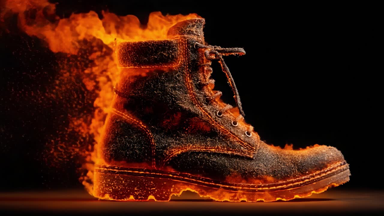 Visualisasi Memukau Sepatu Bot Terbakar, Menampilkan Interaksi Dramatis Efek Api dan Tekstur Kasar Desain Alas Kaki Klasik di Tengah Kobaran Api yang Hidup.