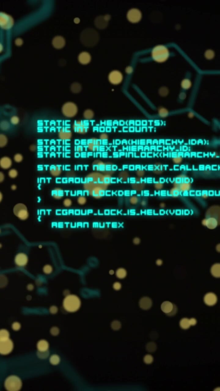 Animation of yellow spots floating over chemical structures and data processing on black background