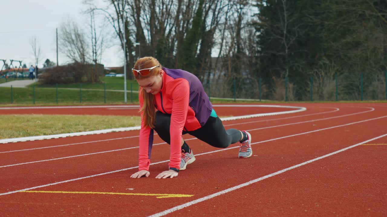 Stunning 4K video of a young female athlete warming up on a running track. Filmed during the sunny spring day.