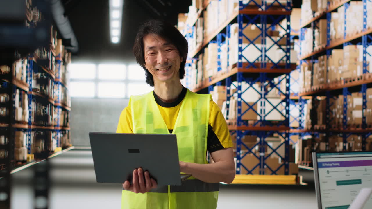 Vertical Video Asian male employee oversees product handling and order fulfillment