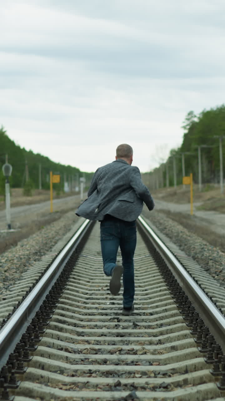 una vista de cerca de un hombre de edad que corre en una vía ferroviaria, él está usando un traje gris, vaqueros, y zapatos de lona, con una vista de árboles y postes eléctricos y otros postes de señales en los alrededores