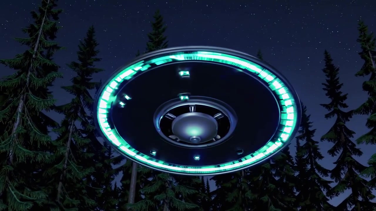 UFO svevende over furuskog om natten