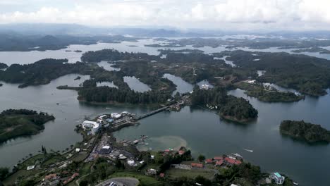 aerial view from a drone of la piedra del penol and the guatape reservoir near medellin, antioquia, colombia