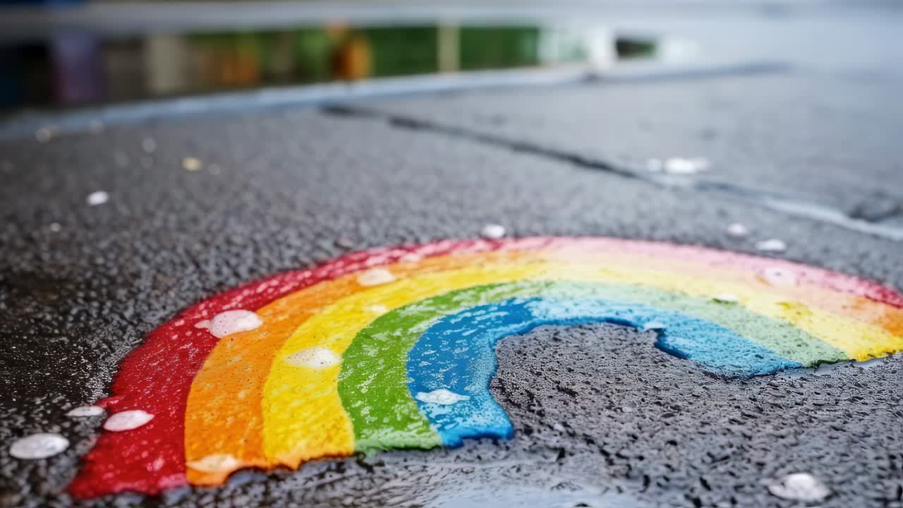 Vibrant rainbow painted on wet asphalt symbolizing hope, joy, and positivity after rain, spreading cheer and optimism with its colorful presence