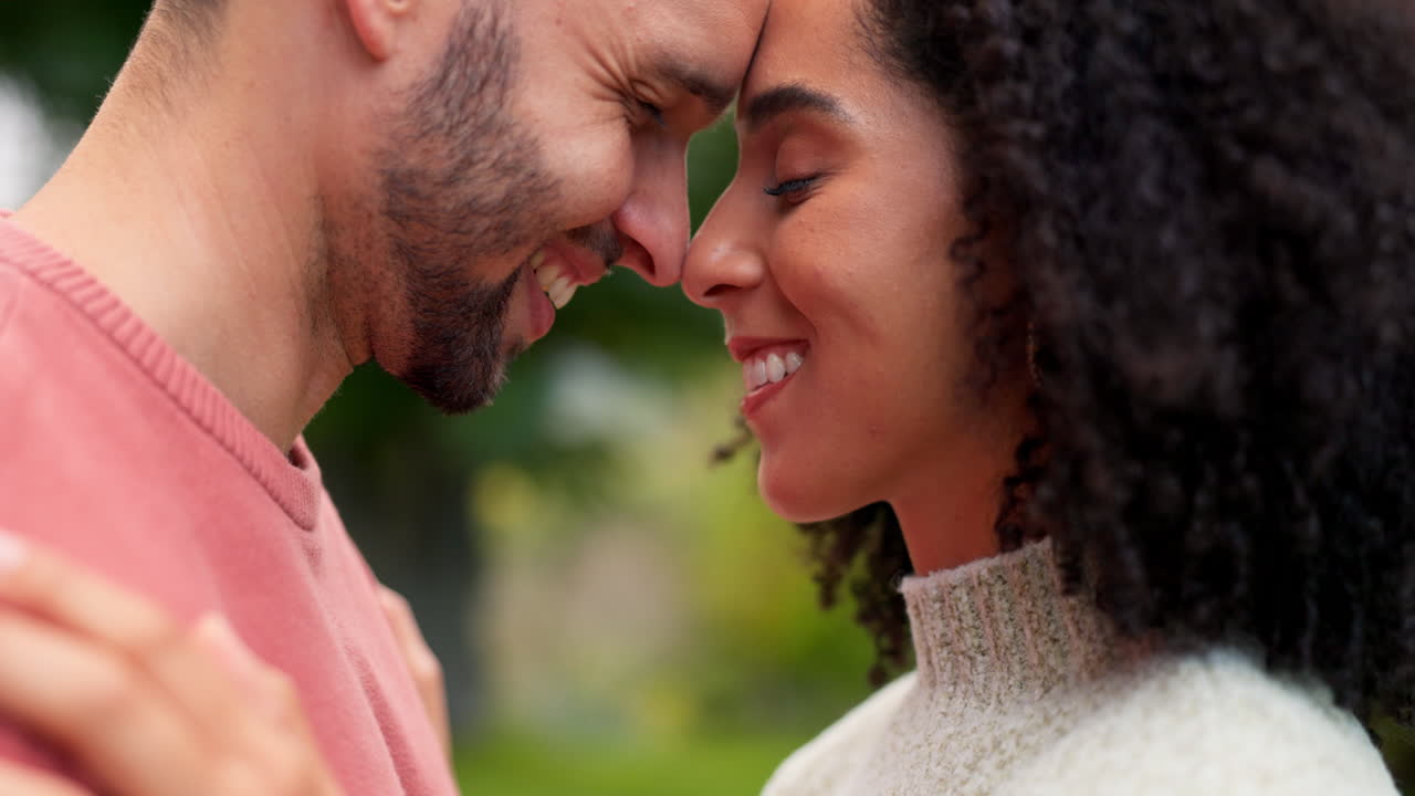 Forehead, nature and couple with love