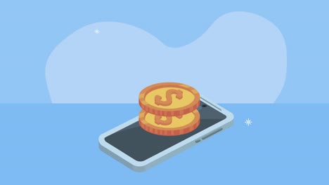 animación del dispositivo de teléfono inteligente con monedas dólares