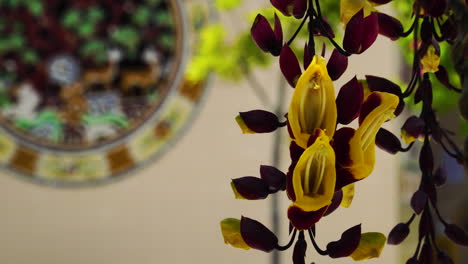 close up of mysore trumpetvine flowers with mosaic in blurred background