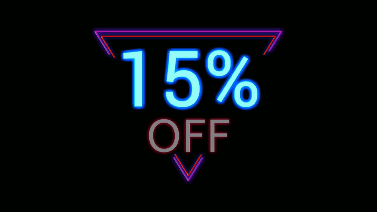 Neon light Discount 15% percent off in triangle modern frame border animation motion graphics on black background