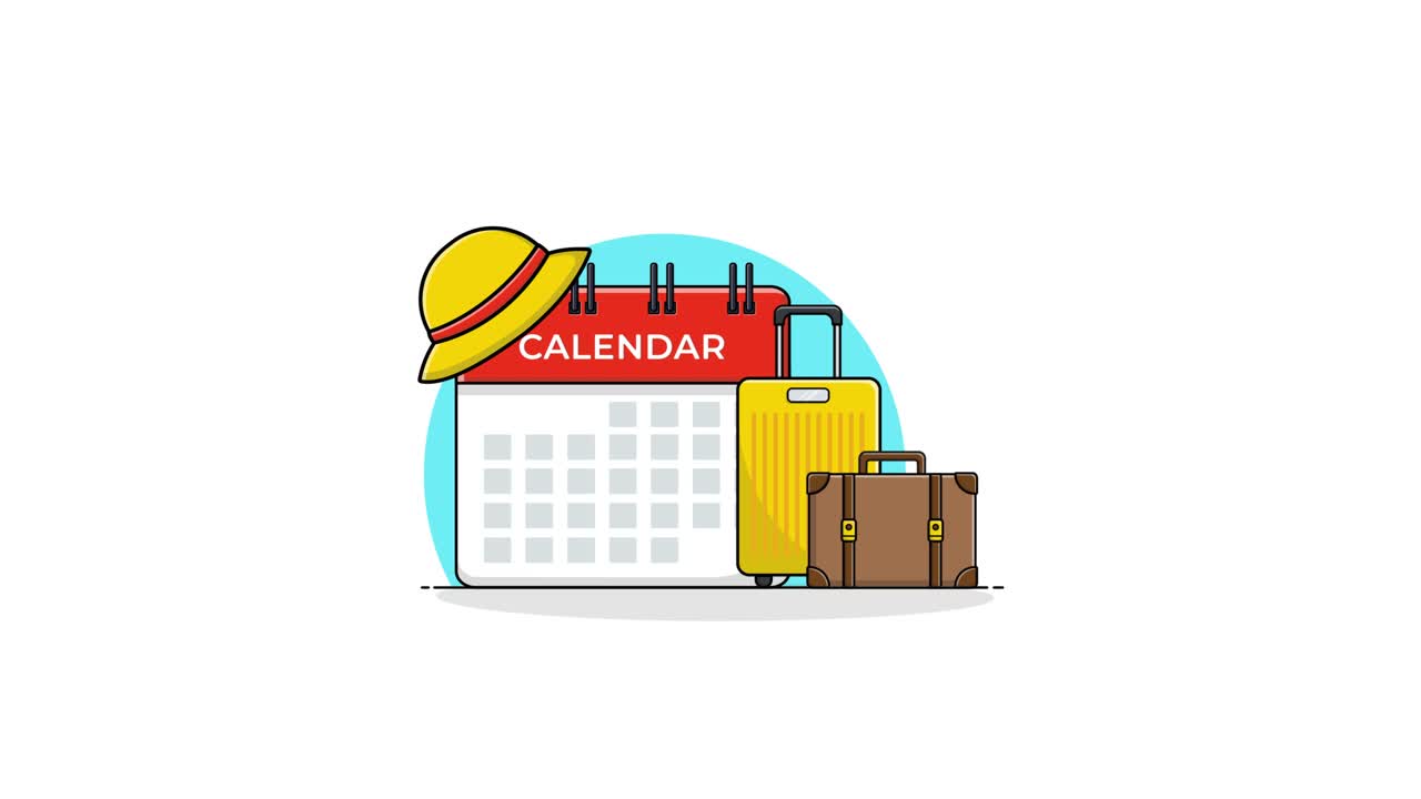 Rejseplanlægningsanimation med kalender, hat og kufferter