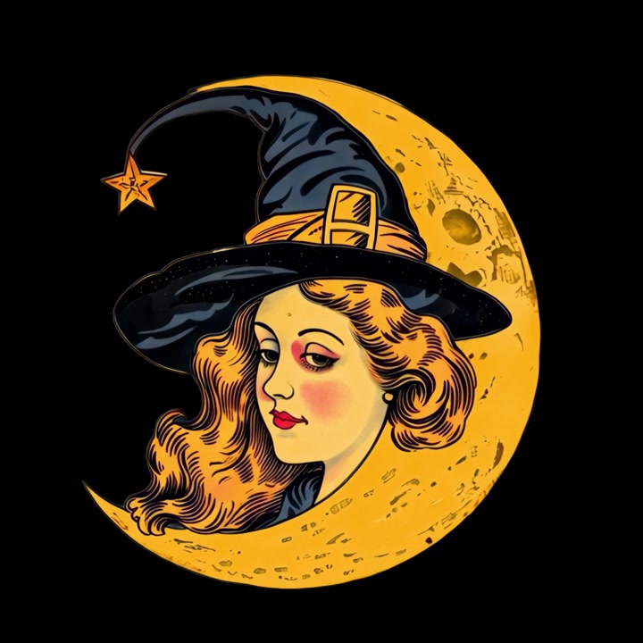 Vintage witch moon illustration animation isolated asset, transparent 4K video, alpha channel