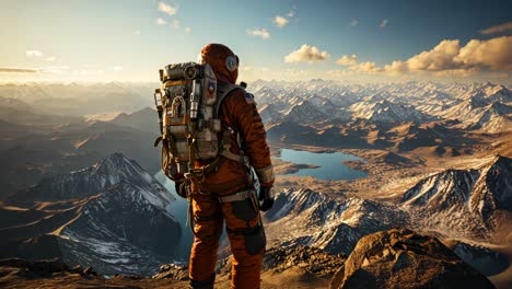 astronaut exploring a mountain peak at sunrise in a remote alien landscape