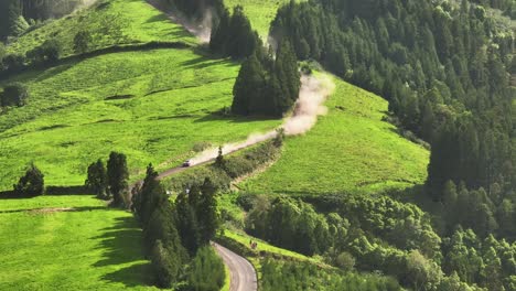 Rally-car-races-down-lush-forested-mountainside-on-curvy-dirt-road