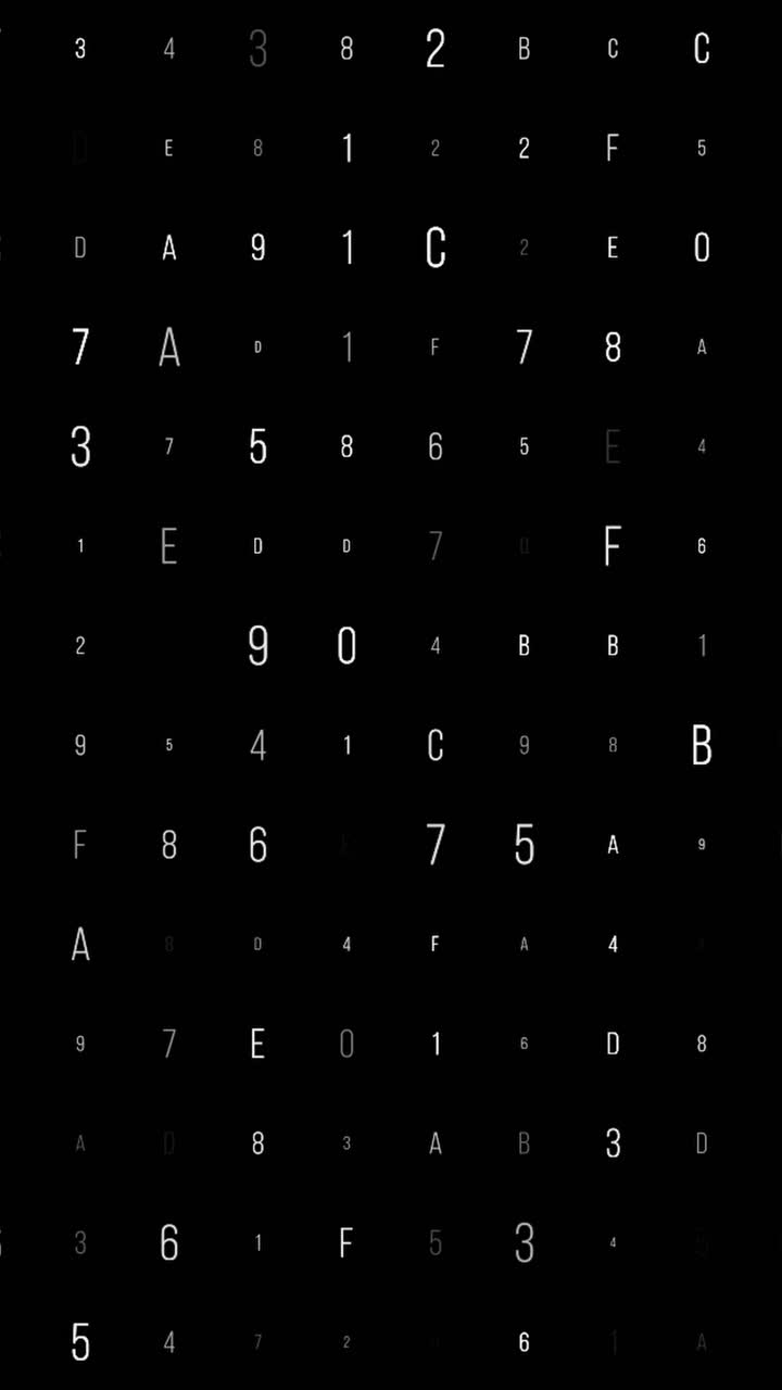 White hexadecimal characters and numbers changing randomly on digital grid, representing code or data on black background
