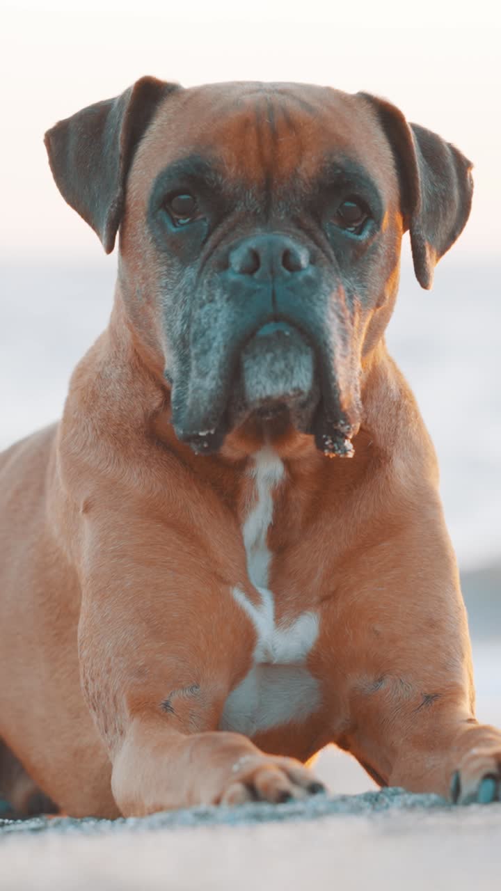 Boxer dog lying on the beach