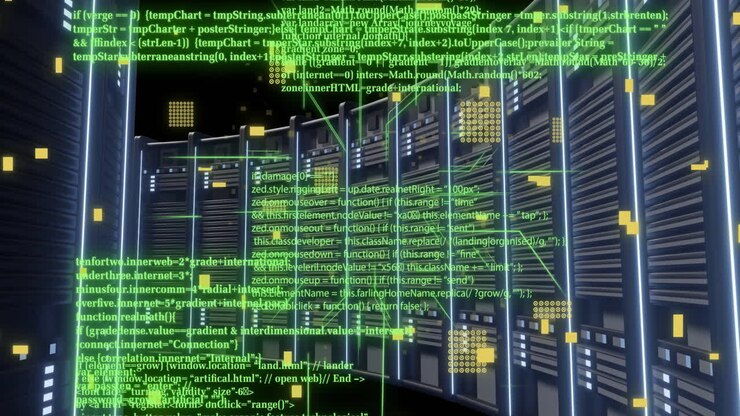 Animation of digital data processing and circuit board over computer servers