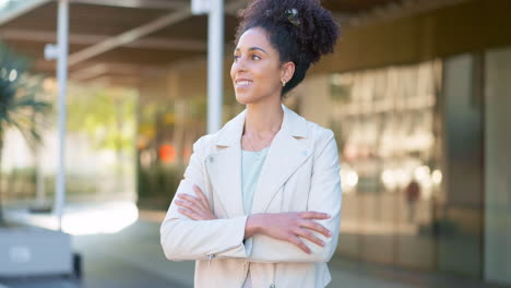 happy, confident and business woman thinking