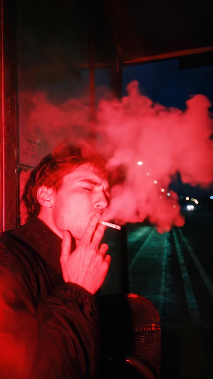 Young Man Smoking a Cigarette at a Bus Stop at Night