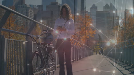 animación de la red de conexiones a través de mujeres que usan teléfonos inteligentes en la ciudad