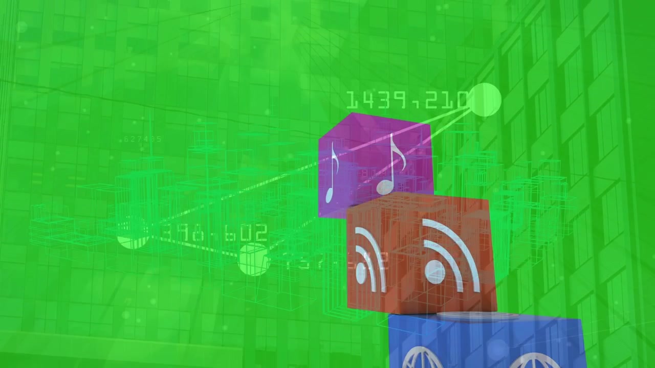Animation of data processing and media icons over cityscape