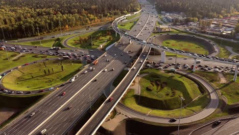 aerial view of a freeway intersection traffic trails in moscow.