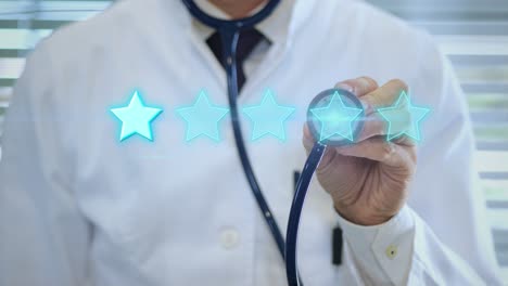 close-up of a doctor holding a stethoscope with a digital star rating overlay, representing medical review, healthcare quality evaluation, and online ratings for doctors or hospitals