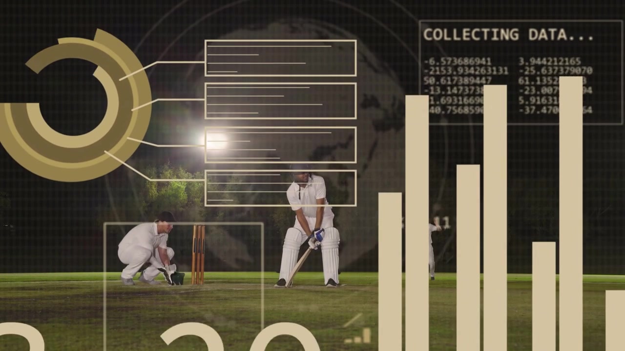 Bowler delivering ball, batsman adjusting then swinging, sports analytics graphs collecting metrics