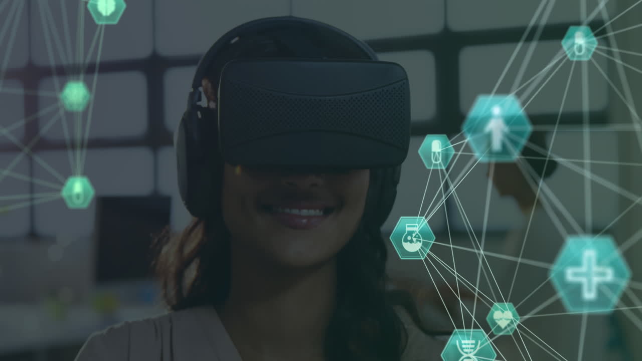 Animation of network of connections with icons over african american woman using vr headset
