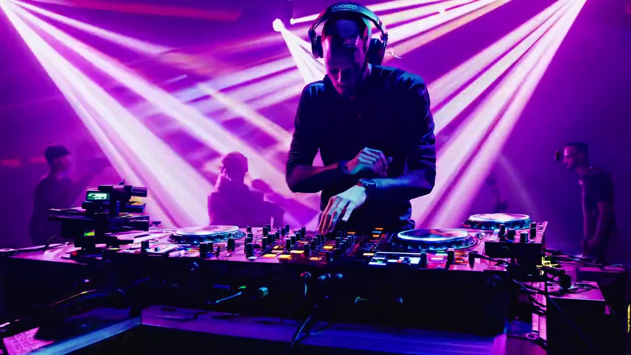 DJ Mixing Music at a Nightclub with Colorful Laser Lights