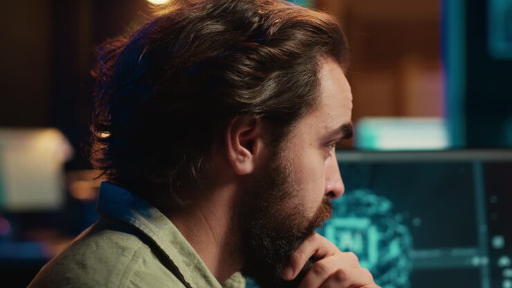 IT expert programming to upgrade AI brain, close up on face expressions