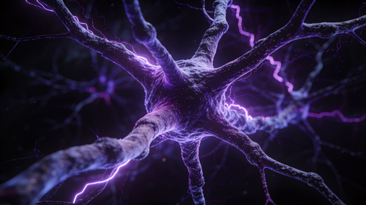 Pulsing neuron soma centered in neural tissue sending purple arcs along dendrites, lighting specks