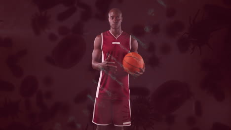 animación de las células de covid 19 sobre el jugador de baloncesto