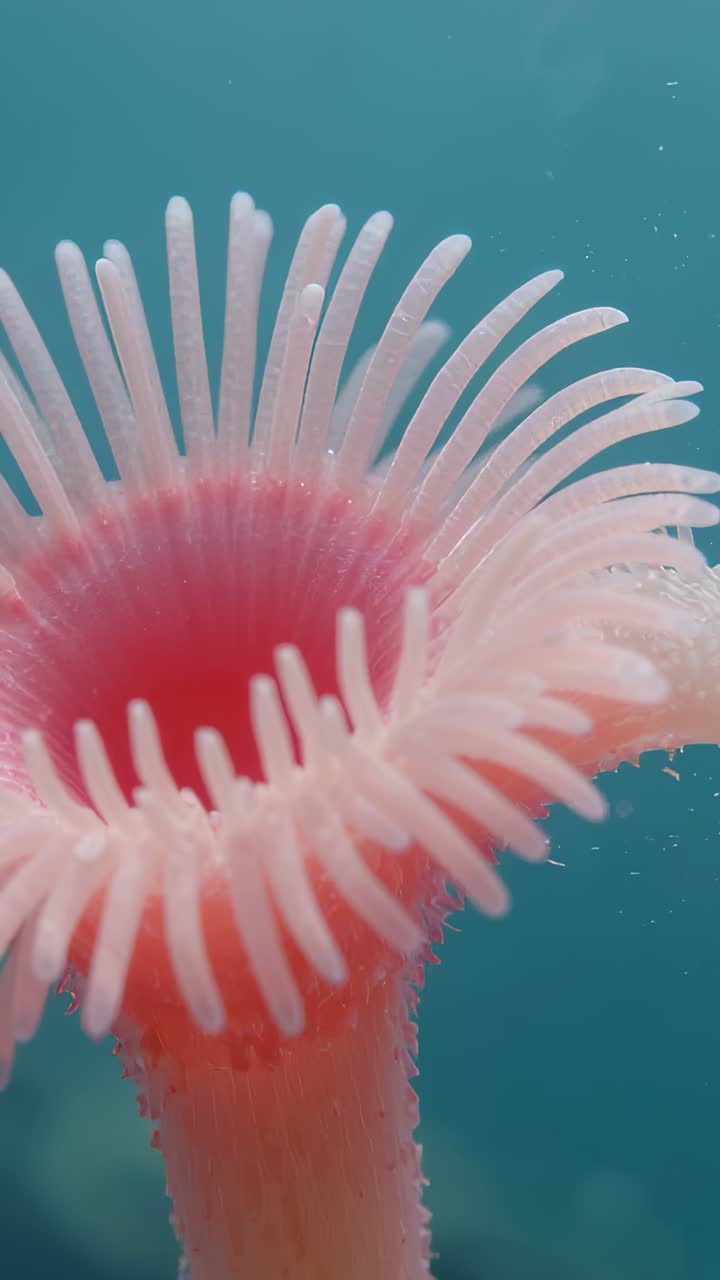 Vertical video: Filming pink marine polyp swaying tentacles at seabed, mild current revealing stalk