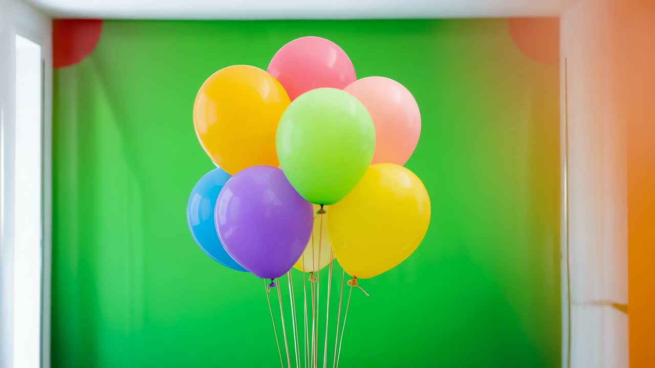 Shifting camera focus and centering colorful balloon cluster against green backdrop, celebration