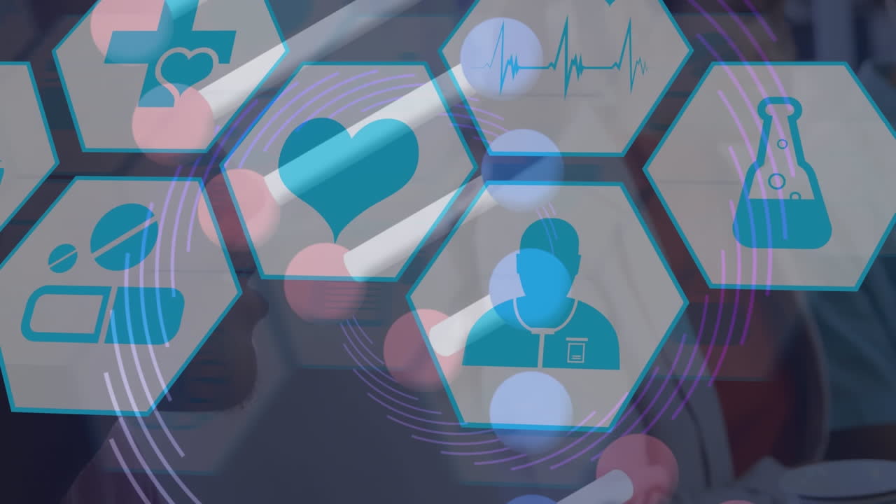 6각형으로 된 아이콘의 애니메이션, 다민족 연구원들이 실험실에서 논의하는 dna 나선