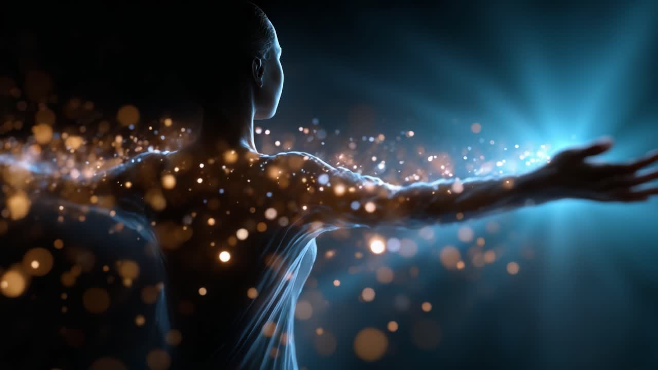 A stunning visual representation of beauty and grace radiating from a figure, with sparkling lights and ethereal energy surrounding a serene silhouette
