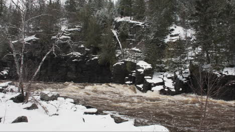 River-flows-along-a-rocky-cliff-face-in-a-winter-snowstorm