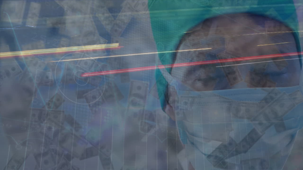 animación de procesamiento de datos y billetes sobre médico caucásico mujer