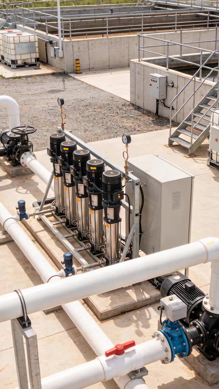 Vertical video: Panning camera showing pump skid at outdoor pump station, focusing on white pipes