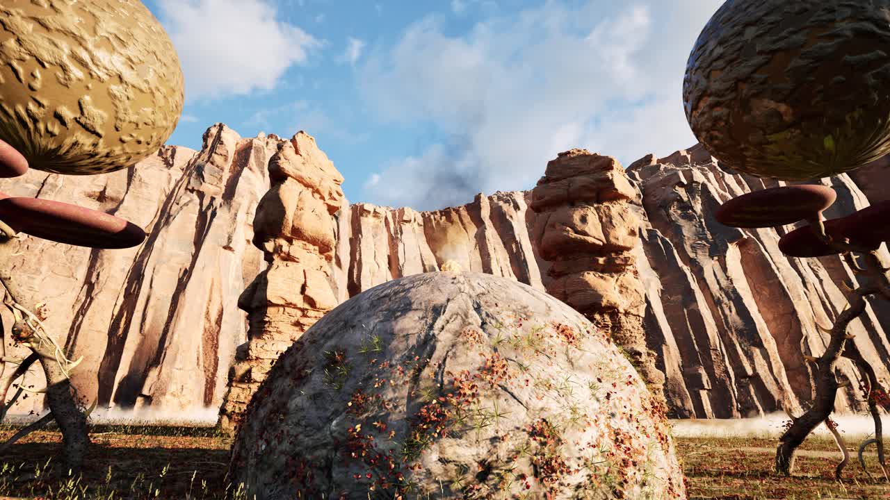 외계인 식물과 공중에서 회전하는 유기 구체가있는 건조한 외계 행성 3d 애니메이션, 카메라 천천히  아웃, 아침 시간