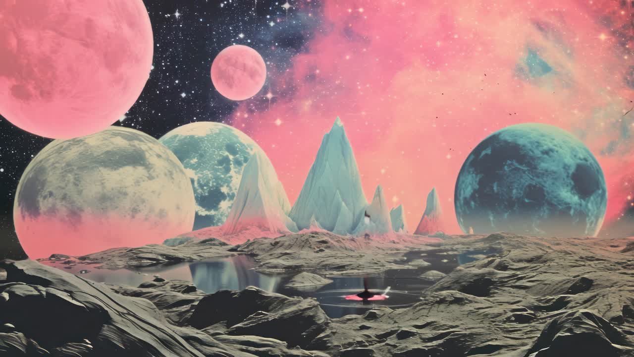Surreal cosmic landscape with vibrant planets and icy peaks