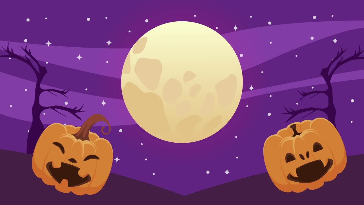 feliz animación de halloween con calabazas y luna llena