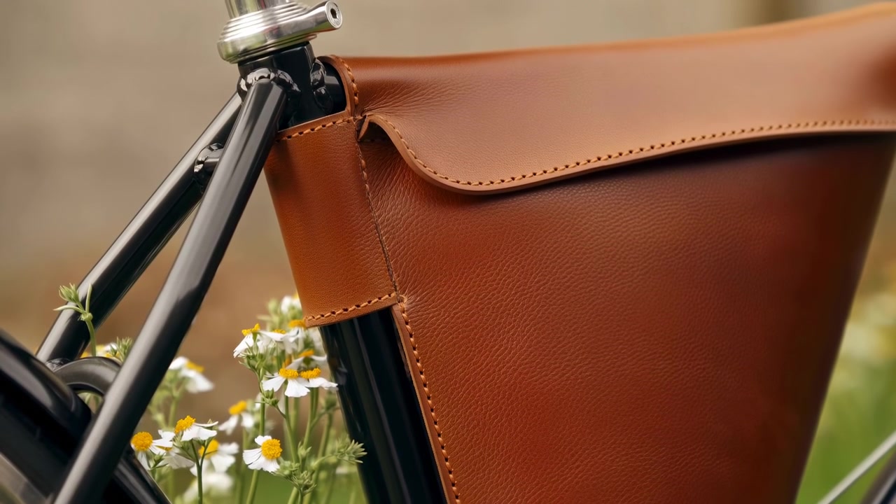 Borsa in pelle, nessuna azione osservata, in un'area erbosa esterna con fiori, con borsa in pelle, metallo, fiori, con texture di pelle, metallo, da una prospettiva di ripresa ravvicinata dall'alto, dettaglio chiaro.