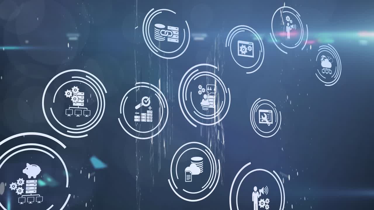 Multiple digital icons over light trails and light spots against blue background