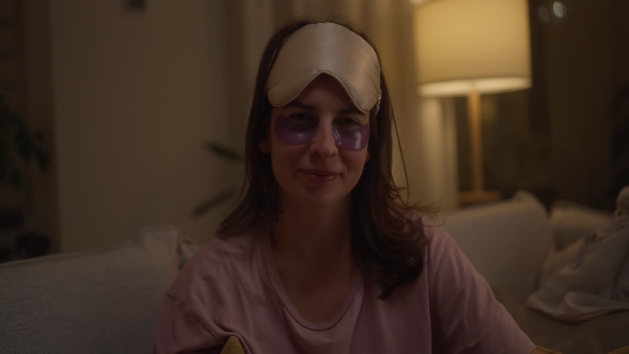 mujer relajándose en casa con máscara para dormir y parches para los ojos