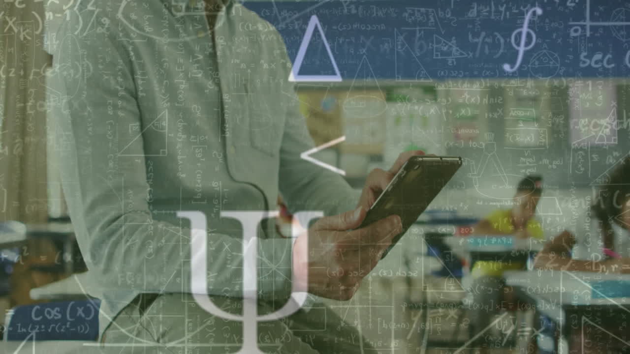 animación del procesamiento de datos matemáticos sobre diversos escolares y maestros masculinos en el aula