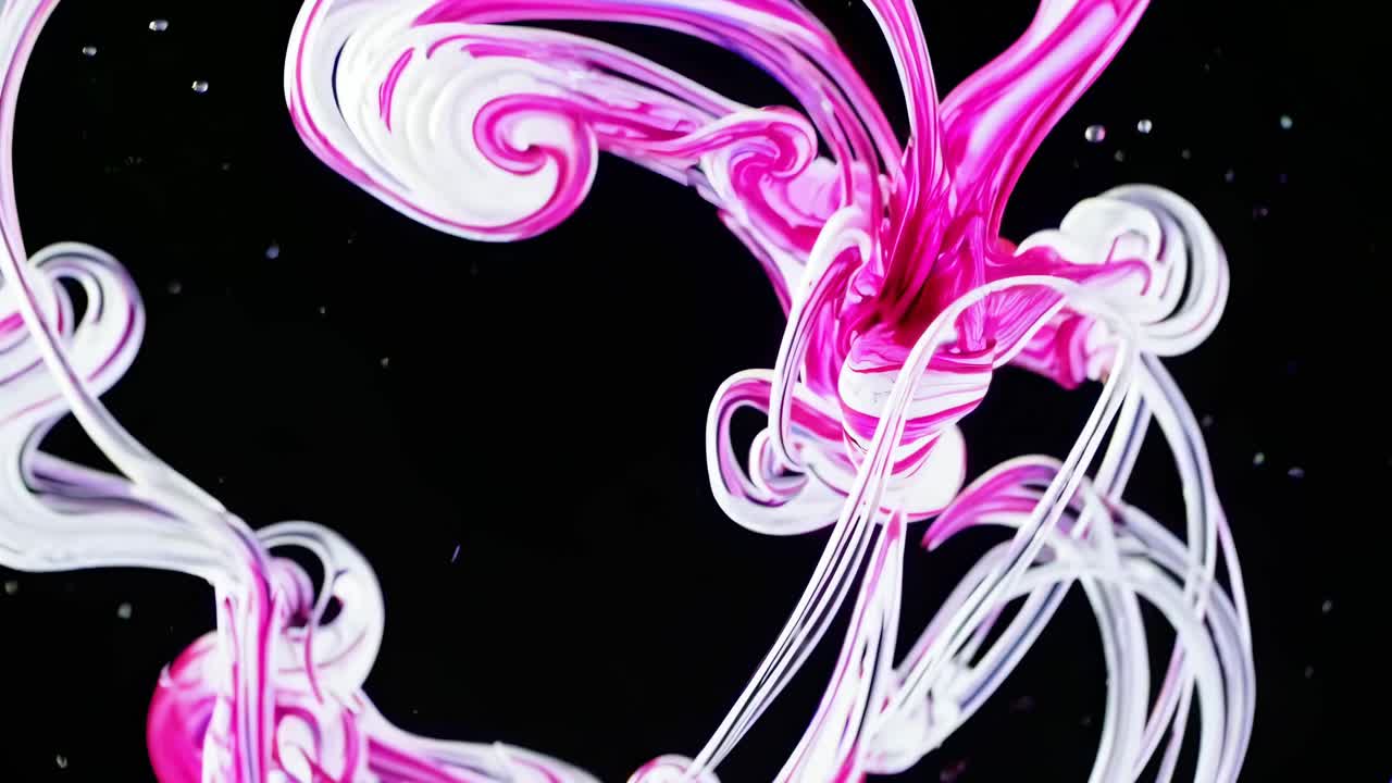 Abstrakt videokunst med hvirvlende pink og hvid maling i vand