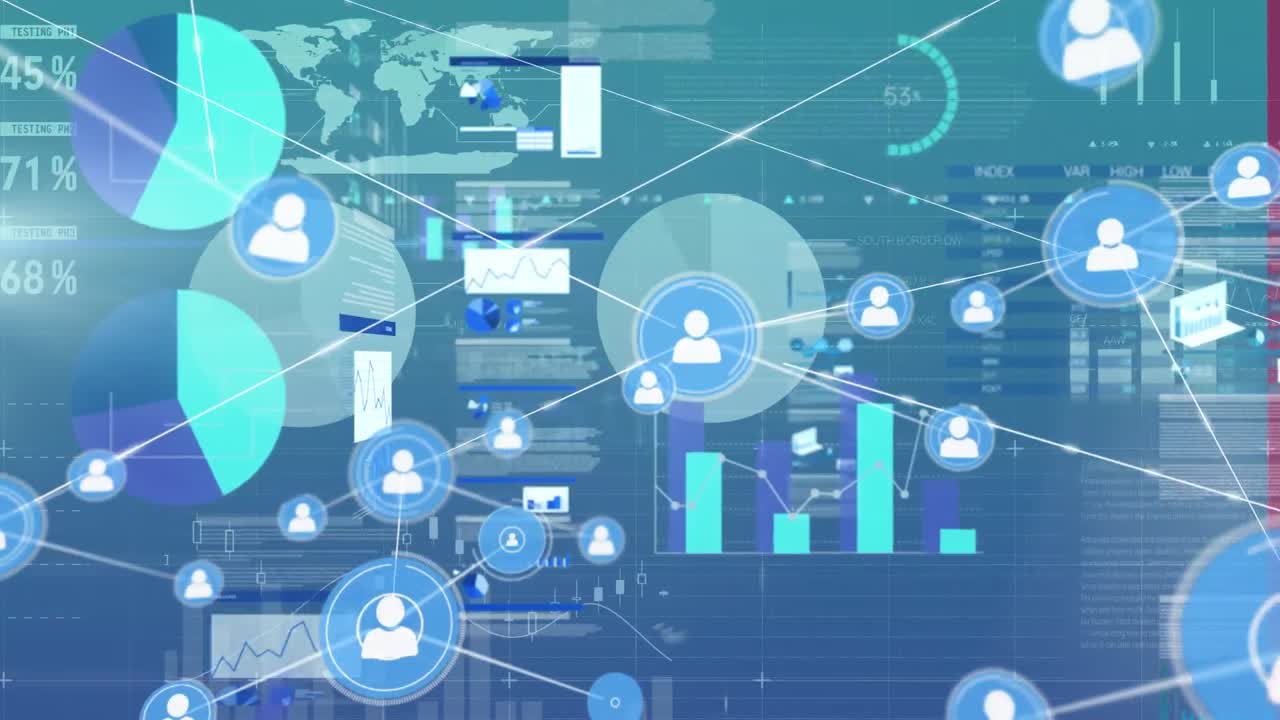 Animation of network of connections with icons over data processing on blue background