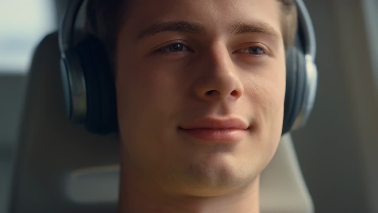 Primo piano di un giovane uomo che indossa le cuffie e sorride