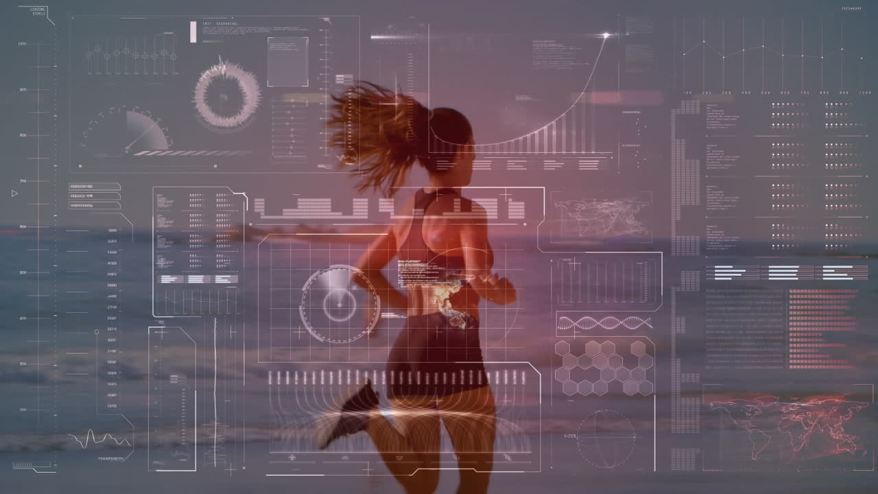 animación de escaneo de alcance y procesamiento de datos sobre mujer en forma corriendo por la orilla del mar