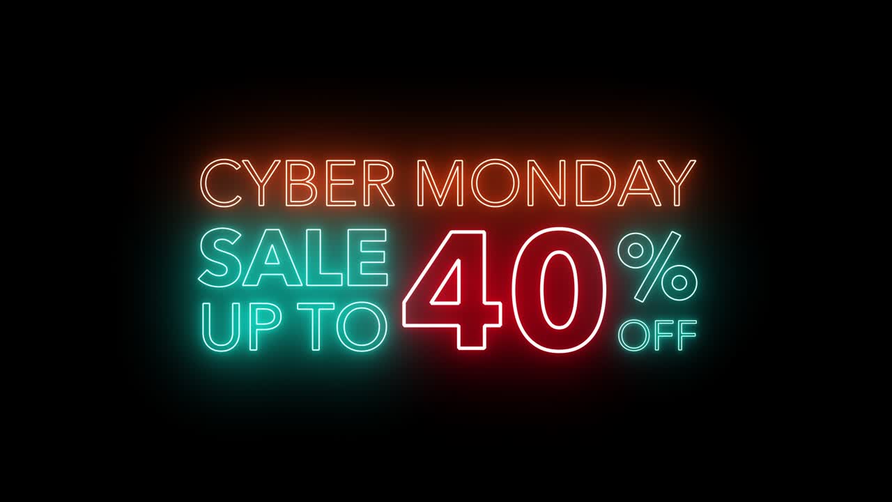 animar el parpadeo de la venta de cyber monday hasta un porcentaje de descuento colorido neón blaze cartel de movimiento banner en fondo negro para promocionar video. concepto de promoción serie de venta de marca 10-90%
